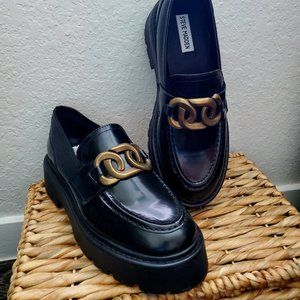 STEVE MADDEN ROVER BLACK LEATHER PLATFORM LOAFERS SIZE 10